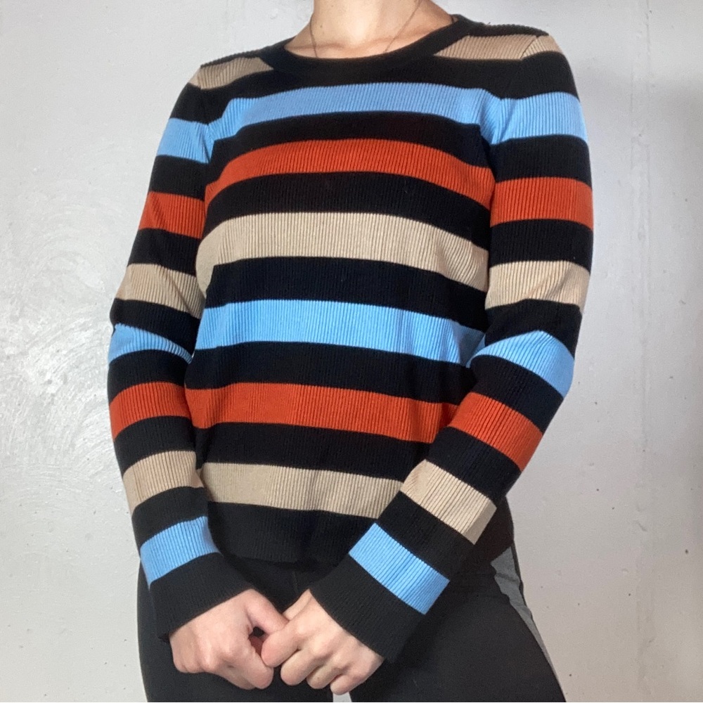 Orange + Blue + Tan + Black Striped Crewneck Knit Sweater